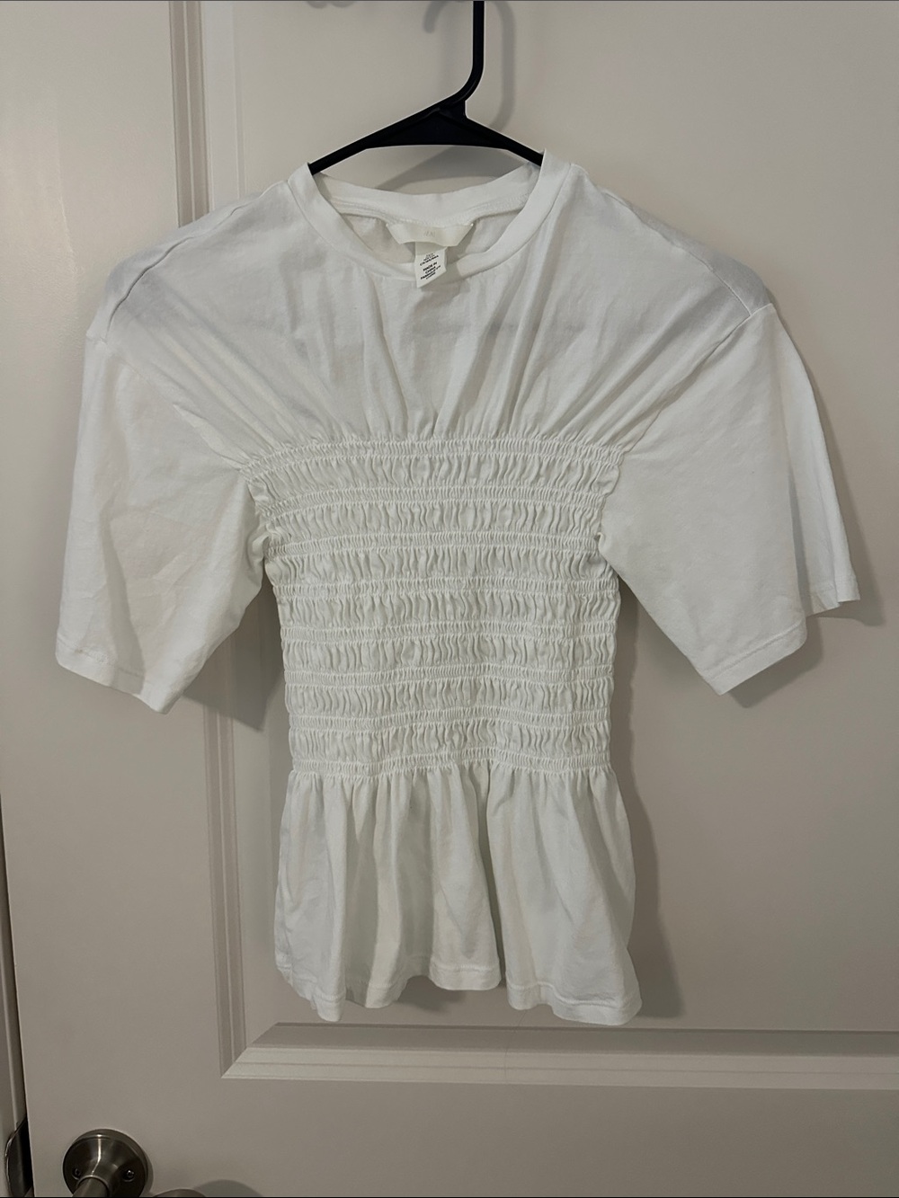 H&M White Smocked Short Sleeve Peplum Top